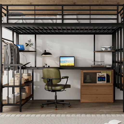 Cama loft 120x200cm - Escada lateral com corrimão, porta de carga, cabides, prateleira, proteção contra tombamento - Preto + Nogueira Escura Cama loft 120x200cm - Escada lateral com corrimão, porta de carga, cabides, prateleira, proteção contra tombamento - Preto + Nogueira Escura