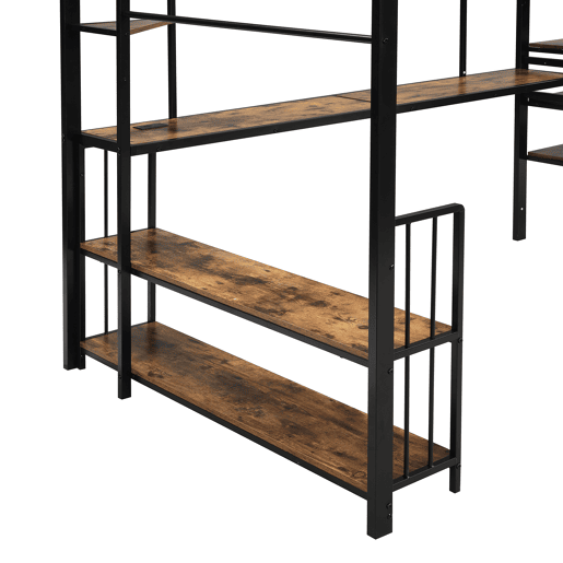 Cama loft 120x200cm - Escada lateral com corrimão, porta de carga, cabides, prateleira, proteção contra tombamento - Preto + Nogueira Escura Cama loft 120x200cm - Escada lateral com corrimão, porta de carga, cabides, prateleira, proteção contra tombamento - Preto + Nogueira Escura