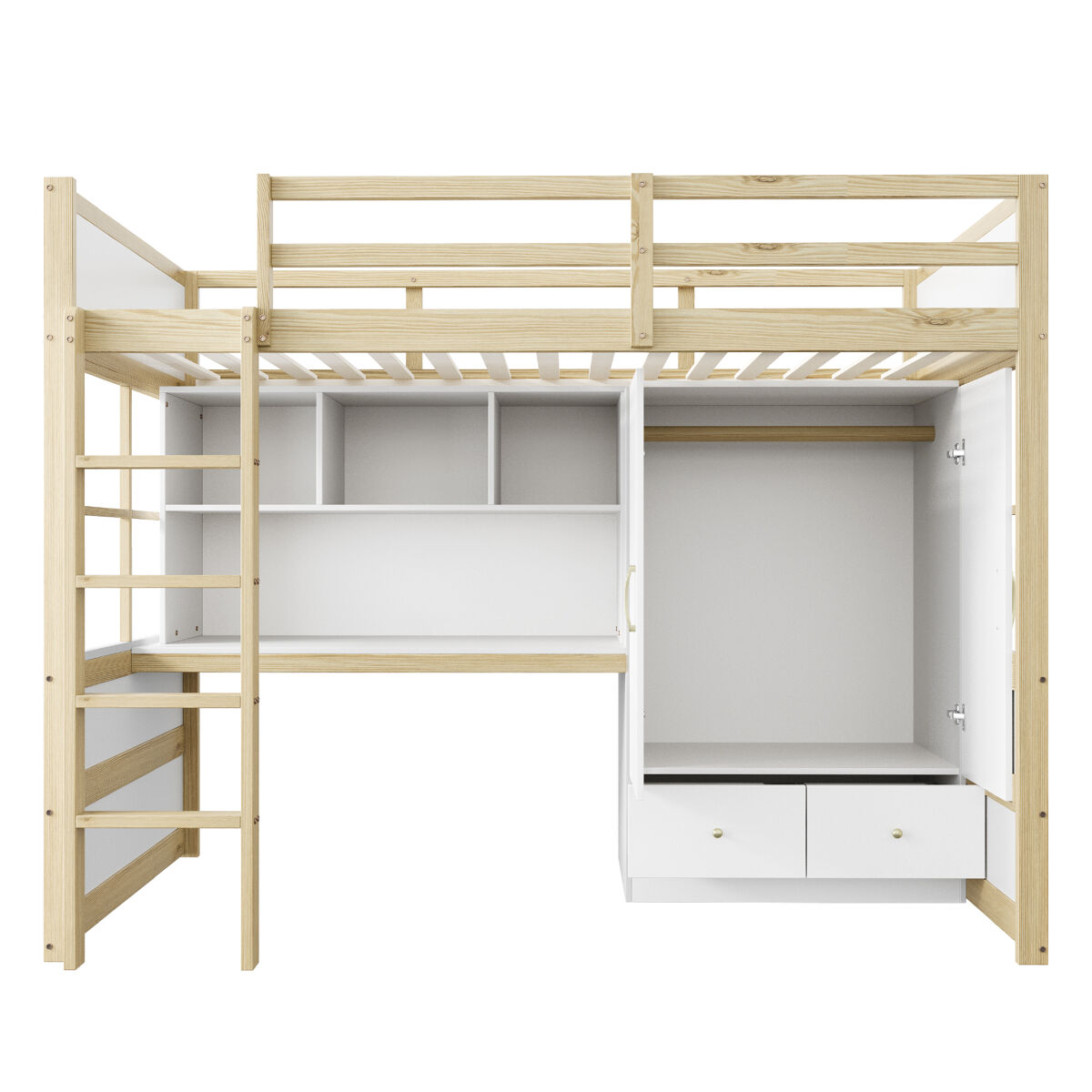 Cama alta 90x200 cm - con escalera, escritorio con almacenamiento, armario y cajones - color madera