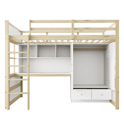 Cama alta 90x200 cm - Com escada, secretária com arrumação, armário e gavetas - Cor madeira Cama alta 90x200 cm - Com escada, secretária com arrumação, armário e gavetas - Cor madeira