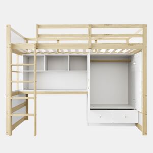 Cama alta 90x200 cm - Com escada, secretária com arrumação, armário e gavetas - Cor madeira