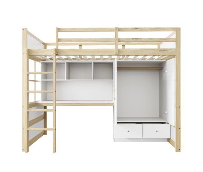 Cama alta 90x200 cm - con escalera, escritorio con almacenamiento, armario y cajones - color madera