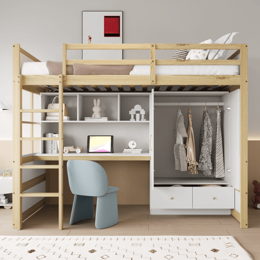 Cama alta 90x200 cm - Com escada, secretária com arrumação, armário e gavetas - Cor madeira Cama alta 90x200 cm - Com escada, secretária com arrumação, armário e gavetas - Cor madeira