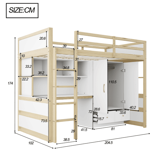 Cama alta 90x200 cm - Com escada, secretária com arrumação, armário e gavetas - Cor madeira Cama alta 90x200 cm - Com escada, secretária com arrumação, armário e gavetas - Cor madeira