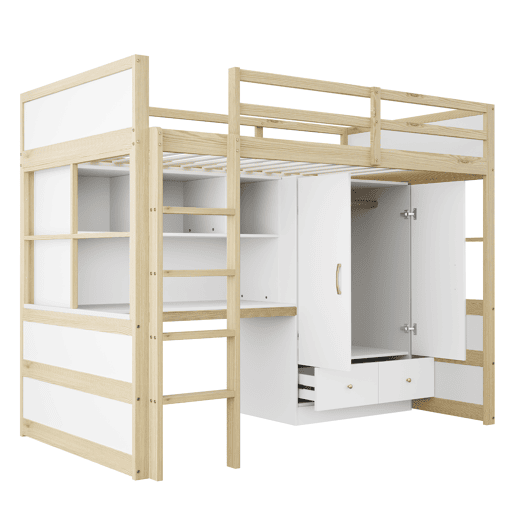 Cama alta 90x200 cm - Com escada, secretária com arrumação, armário e gavetas - Cor madeira Cama alta 90x200 cm - Com escada, secretária com arrumação, armário e gavetas - Cor madeira