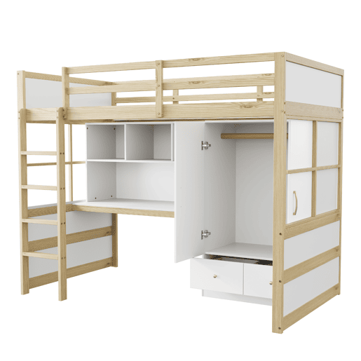 Cama alta 90x200 cm - Com escada, secretária com arrumação, armário e gavetas - Cor madeira Cama alta 90x200 cm - Com escada, secretária com arrumação, armário e gavetas - Cor madeira