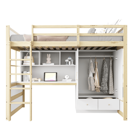 Cama alta 90x200 cm - Com escada, secretária com arrumação, armário e gavetas - Cor madeira Cama alta 90x200 cm - Com escada, secretária com arrumação, armário e gavetas - Cor madeira