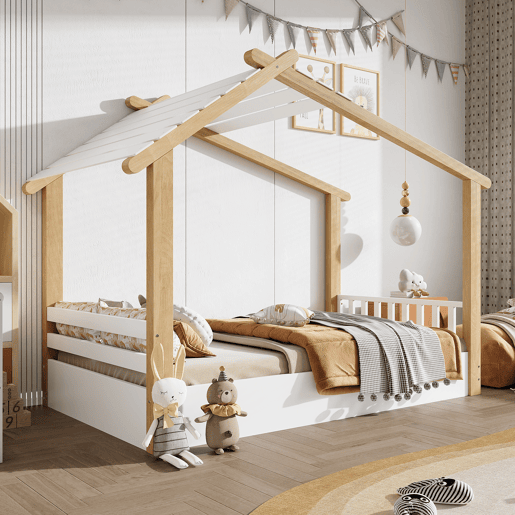 Cama infantil 90x200cm - Design de casa de madeira, ripas estáveis, design simples - Branco+Natural