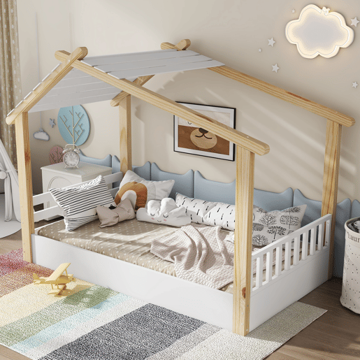 Cama infantil 90x200cm - Design de casa de madeira, ripas estáveis, design simples - Branco+Natural
