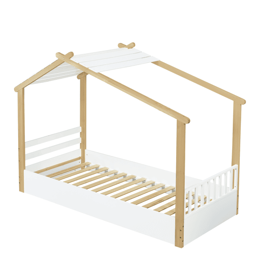 Cama infantil 90x200cm - Design de casa de madeira, ripas estáveis, design simples - Branco+Natural