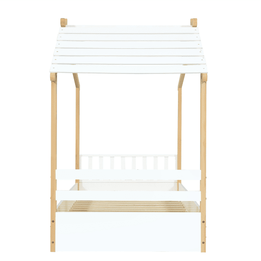 Cama infantil 90x200cm - Design de casa de madeira, ripas estáveis, design simples - Branco+Natural