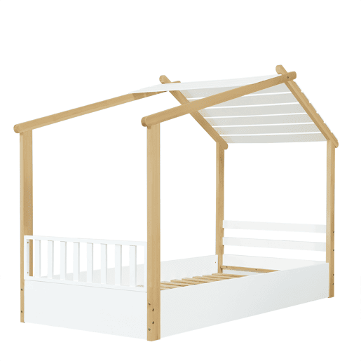 Cama infantil 90x200cm - Design de casa de madeira, ripas estáveis, design simples - Branco+Natural