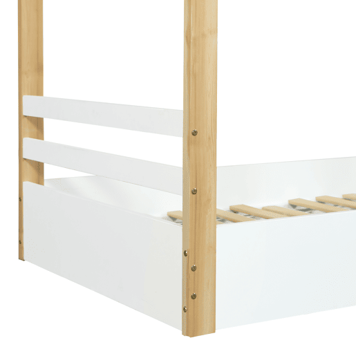 Cama infantil 90x200cm - Design de casa de madeira, ripas estáveis, design simples - Branco+Natural