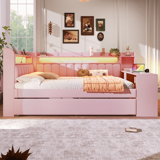 Cama nido estofada 140x200 - USB LED com secretária - Rosa