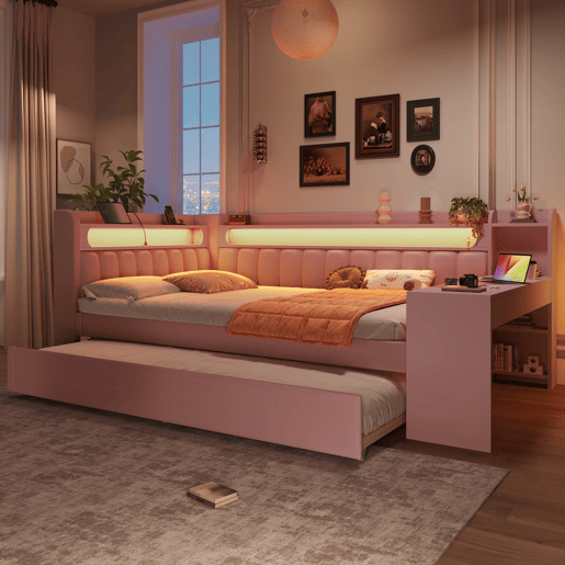 Cama nido estofada 140x200 - USB LED com secretária - Rosa