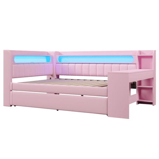 Cama nido estofada 140x200 - USB LED com secretária - Rosa