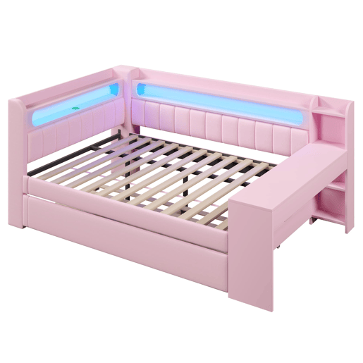 Cama nido estofada 140x200 - USB LED com secretária - Rosa