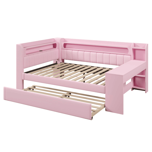 Cama nido estofada 140x200 - USB LED com secretária - Rosa