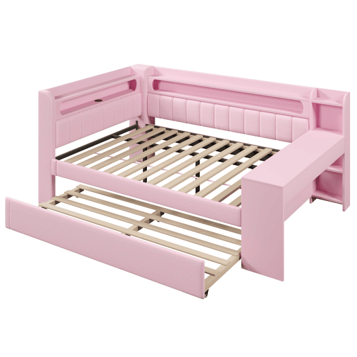 Cama nido estofada 140x200 - USB LED com secretária - Rosa