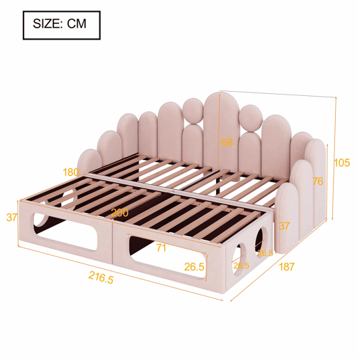 Sofá-cama estofado 180x200 - multifuncional 2 em 1, com cama para animais de estimação, tecido de veludo, base de colchão e encosto - rosa