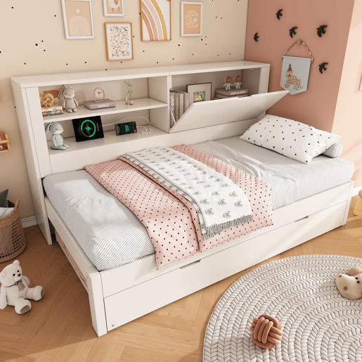 Sofá-cama individual 90x200 - com cama extra, arrumação, USBUSB-C, branco