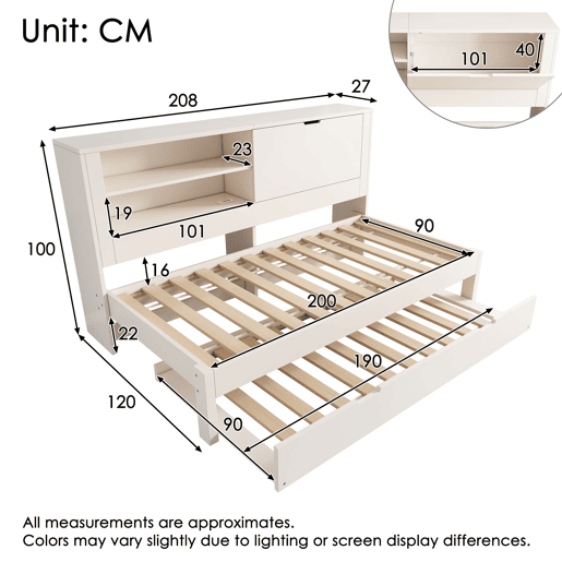 Sofá-cama individual 90x200 - com cama extra, arrumação, USBUSB-C, branco