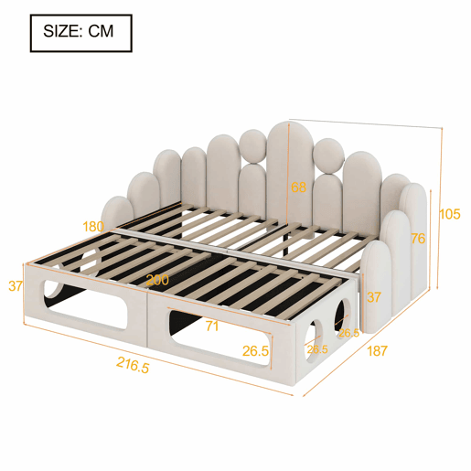 Sofá-cama 180x200 cm - 2 em 1 multifuncional com cama para animais de estimação, estofado em veludo, com base de colchão e encosto - Bege