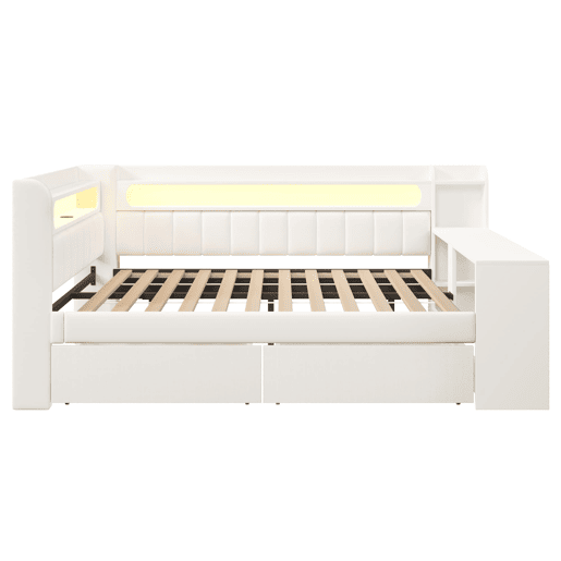 Sofá-cama estofado 140x200 - com USB, LED, secretária e 2 gavetas - branco
