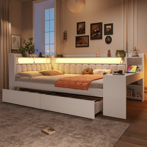 Sofá-cama estofado 140x200 - com USB, LED, secretária e 2 gavetas - branco