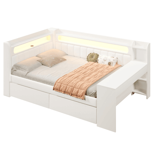 Sofá-cama estofado 140x200 - com USB, LED, secretária e 2 gavetas - branco