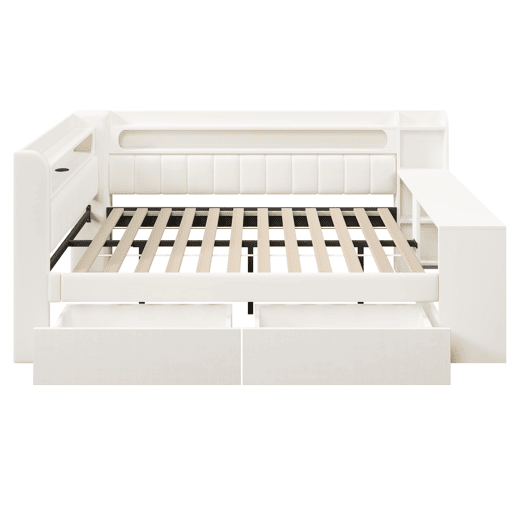 Sofá-cama estofado 140x200 - com USB, LED, secretária e 2 gavetas - branco