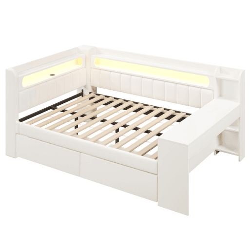 Sofá-cama estofado 140x200 - com USB, LED, secretária e 2 gavetas - branco