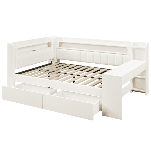 Sofá-cama estofado 140x200 - com USB, LED, secretária e 2 gavetas - branco
