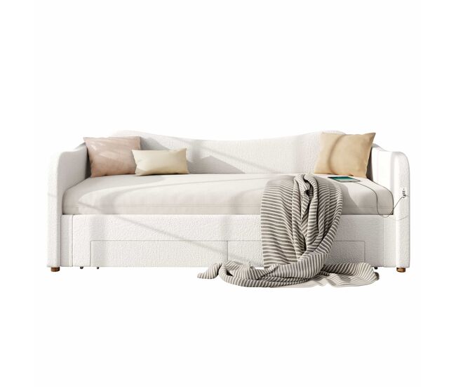 Cama tipo daybed 90x200 cm - convertible 180 cm, con 2 cajones, usb, sofá cama, bouclé - beige