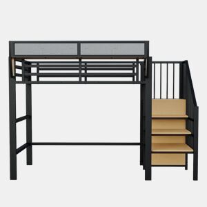 Cama alta 90x200 - Com escada de segurança e espaço de arrumação flexível - Preto