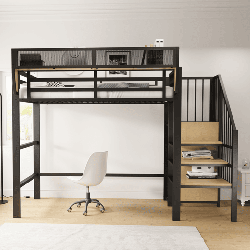 Cama alta 90x200 - Com escada de segurança e espaço de arrumação flexível - Preto Cama alta 90x200 - Com escada de segurança e espaço de arrumação flexível - Preto