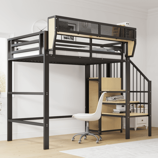 Cama alta 90x200 - Com escada de segurança e espaço de arrumação flexível - Preto Cama alta 90x200 - Com escada de segurança e espaço de arrumação flexível - Preto