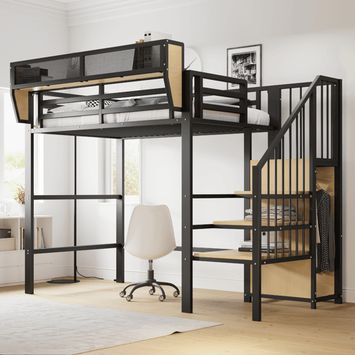Cama alta 90x200 - Com escada de segurança e espaço de arrumação flexível - Preto Cama alta 90x200 - Com escada de segurança e espaço de arrumação flexível - Preto