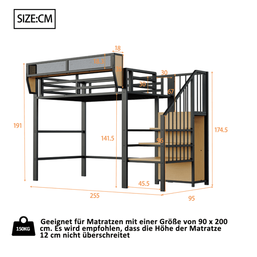 Cama alta 90x200 - Com escada de segurança e espaço de arrumação flexível - Preto Cama alta 90x200 - Com escada de segurança e espaço de arrumação flexível - Preto