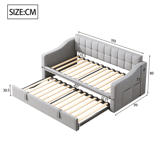 Sofá-cama estofado 90x180x190 cm - 2 em 1 multifuncional com tecido de veludo, tomada e bolsa de armazenamento - cinza claro