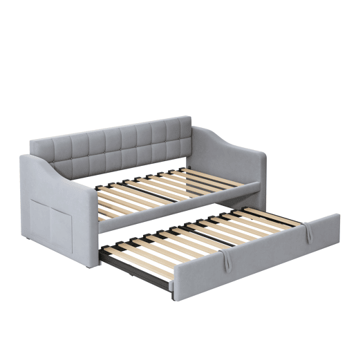 Sofá-cama estofado 90x180x190 cm - 2 em 1 multifuncional com tecido de veludo, tomada e bolsa de armazenamento - cinza claro