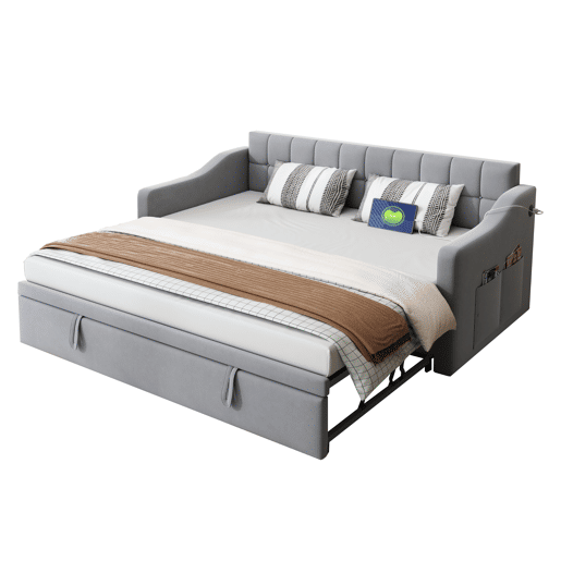 Sofá-cama estofado 90x180x190 cm - 2 em 1 multifuncional com tecido de veludo, tomada e bolsa de armazenamento - cinza claro
