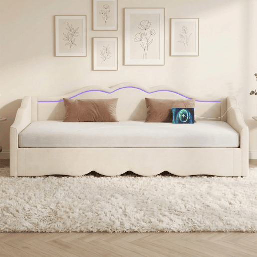 Cama individual 90 x 200 cm - extensível até 180 cm, com LED e porta USB - bege