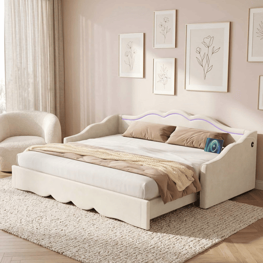 Cama individual 90 x 200 cm - extensível até 180 cm, com LED e porta USB - bege