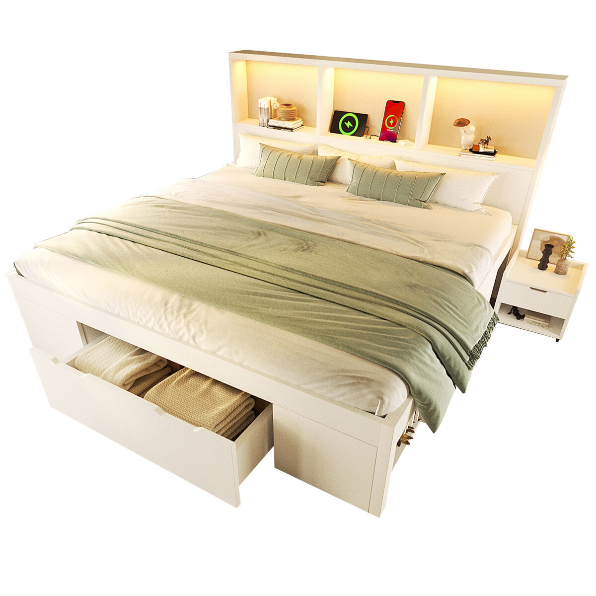 Cama de matrimonio de madera maciza 140x190 cm con luz led,blanco