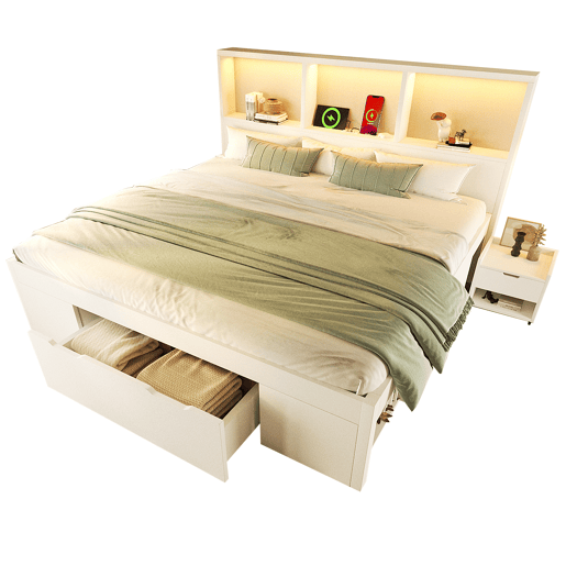Cama de casal de madeira maciça 140x190 cm com luz led,branco Cama de casal de madeira maciça 140x190 cm com luz led,branco