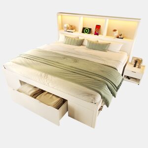 Cama de casal de madeira maciça 140x190 cm com luz led,branco