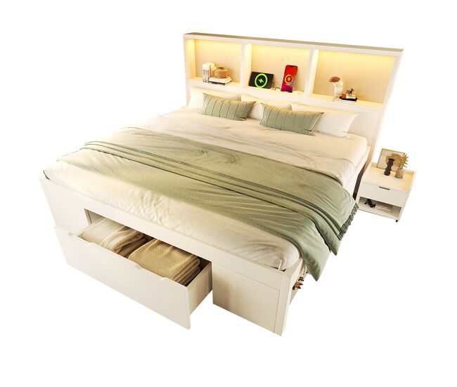 Cama de matrimonio de madera maciza 140x190 cm con luz led,blanco