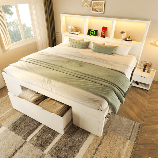 Cama de casal de madeira maciça 140x190 cm com luz led,branco Cama de casal de madeira maciça 140x190 cm com luz led,branco