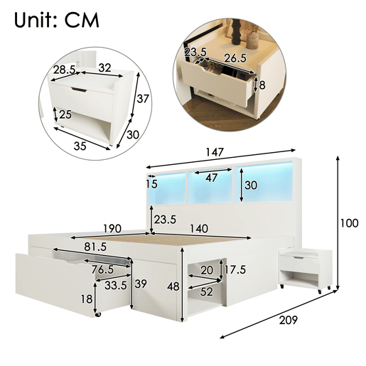 Cama de casal de madeira maciça 140x190 cm com luz led,branco Cama de casal de madeira maciça 140x190 cm com luz led,branco